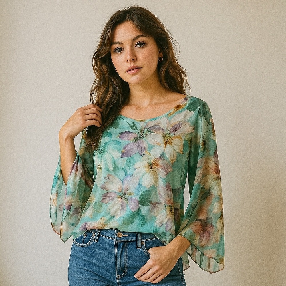 Angela Moda Made in Italy Silk Floral Bell Sleeve Blouse Top L Boho resort wear